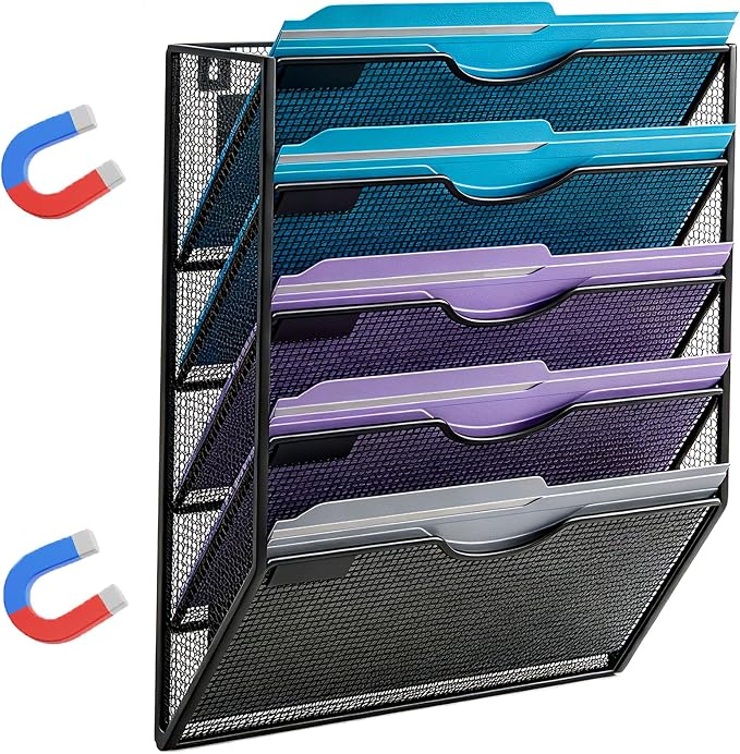 Magnetic File Holder,No Assembly Required & No Drilling,Hanging Magnetic File Organizer,Magnetic Mail Paper Folder Holder for Refrigerator,Whiteboard,File Cabinets (5-Tier)