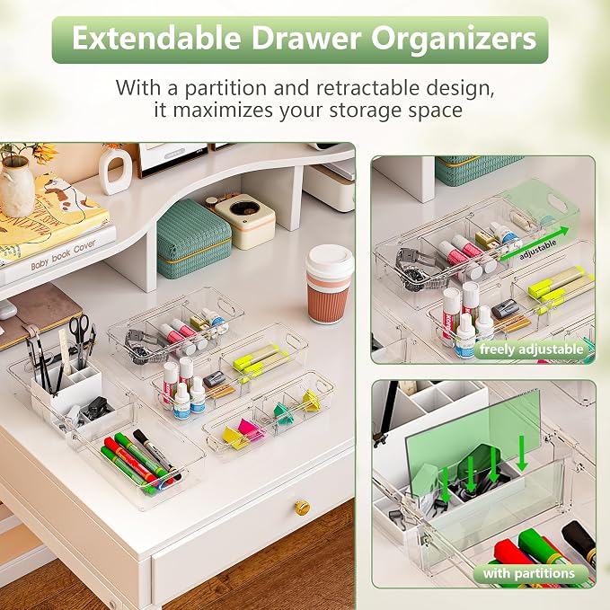 BLULEE 4-in-1 Expandable Drawer Organizer Set, Adjustable Clear Bins | with Dividers for Kitchen, Bathroom, Vanity & Office, Scalable Trays for Cosmetics, Utensils & Desk Accessories (8 Pcs)
