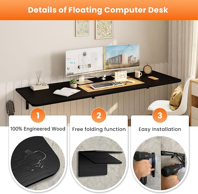 IAE Wall Mounted Floating Foldable Desk 60" x 22" Folding Computer Workstation Table with Engineered Wood and Metal Shelf Brackets,Fold&Floating Design for Home Office, Apartment,Laundry Room,Black