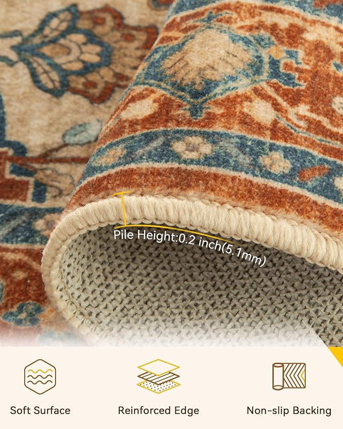 RELEANY Area Rugs Square 4ft Washable Non-Slip, Floral Vintage Distress Medallion Carpet for Living Room Bedroom Dining Room, Red Orange Blue Brown