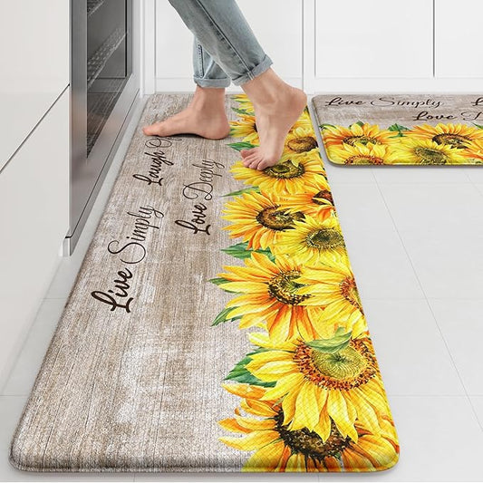 KIMODE Anti Fatigue Kitchen Mat for Floor, Farmhouse Sunflower Kitchen Rugs 2 PCS, Kitchen Floor Mats Non-Slip Cushioned, Comfort Standing Mat for Sink, Laundry, Desk Brown 17"x47"+17"x29"