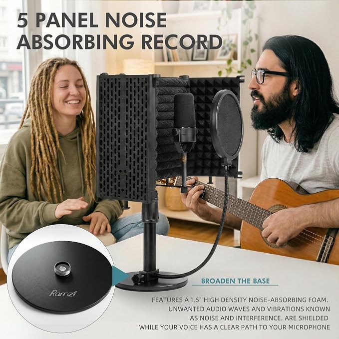 Microphone Stand With Isolation Shield,Recording Studio Equipment With Pop Filter,Heavy-Duty Desktop Stand, Foldable Mic Shield With Sound Insulation For Recording Studio, Podcasts,Broadcasting