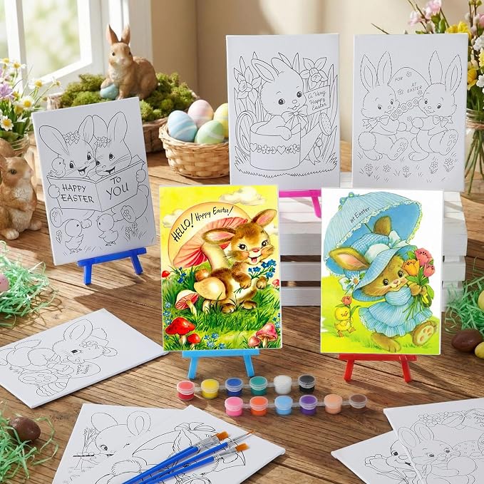 Blosssound 10 Set Easter Vintage Pre Printed Canvas Bunny Eggs Pre Drawn Canvas Painting with Easel Kits 5" x 7" Outline Painting Panels for Beginners, DIY Craft Project, Party Favor, Home Decors