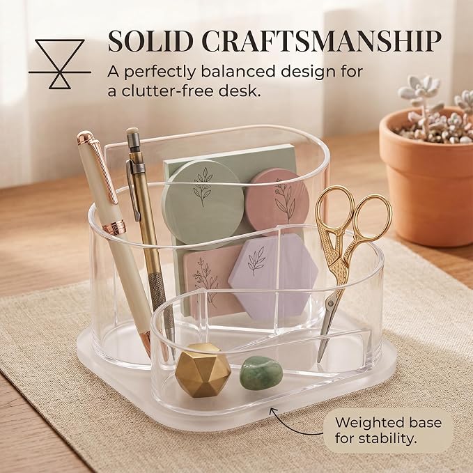 Desk Top Organizer, Aesthetic Pen Pencil Holder | for Desk, Small Office Teacher Desktop Organizers and Accessories (Clear)