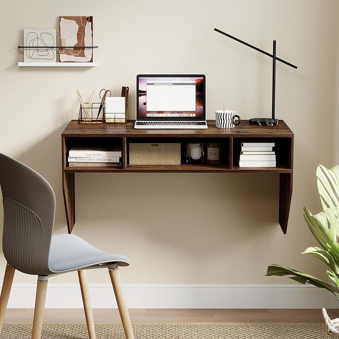 GOFLAME Wall-Mounted Computer Desk, Floating Study Table with Spacious Tabletop and 3 Open Compartments, Home Office Working Desk, PC Laptop Workstation, Vanity Table for Makeup Room (Rustic Brown)