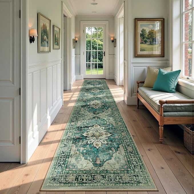 RELEANY Area Rugs Runner 2'6"x10' Washable Non-Slip, Floral Vintage Distress Medallion Carpet for Kitchen Hallway Bedroom Beside Laundry Room Bathroom, Dark Blue Vintage
