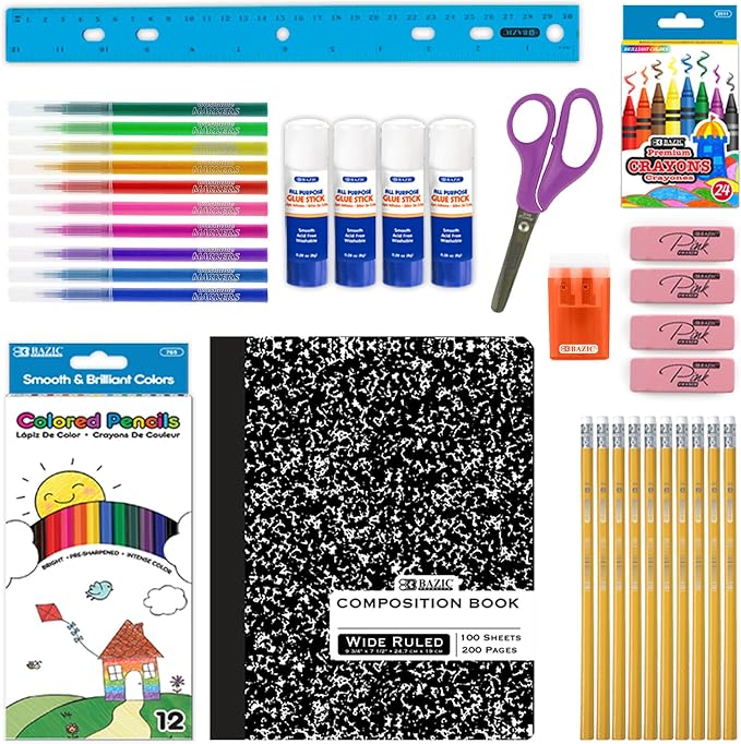 BAZIC Products Back to School Starter Pack, 60 Pieces, Elementary, for Students Teachers Donations