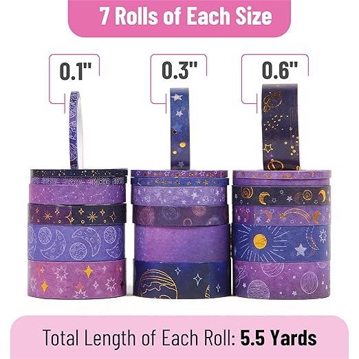Mr. Pen- Washi Tape Set, 21 Rolls, Assorted Sizes, 5.5 Yards/Roll | Washi Tape for Scrapbook, Arts, Crafts, Journals and Planners, Outer Space Design
