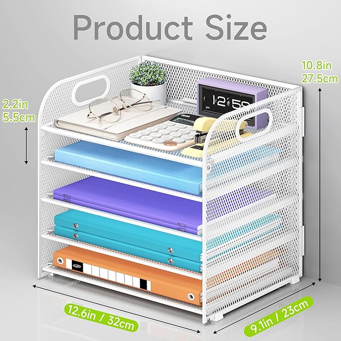 Cawukege 5 Tier Paper Organizer with Handle, White Metal Mesh Desk Organizer File Folder Paper Letter Tray Desktop Document Sorter for Classroom, School, Office Accessories Organization and Storage