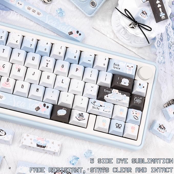 Cherry Profile PBT Keycaps - Cute Cat Keycaps, 145 Keys Blue White, Kawaii Anime Custom Keycap Set for US UK Layout Mechanical Keyboards with Key Puller（Pixel Art Style）