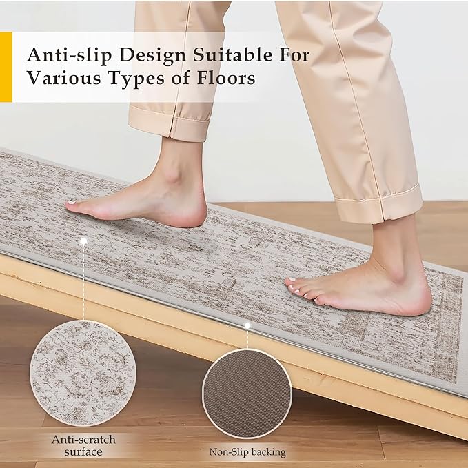 Kitchen Mats 2PCS Anti Fatigue Cushioned Mat Light Brown Vintage Kitchen Mats for Floor Waterproof Non Slip Comfort Standing Retro Floral Rug for Sink Laundry Office 17.3"x47"+17.3"x30"