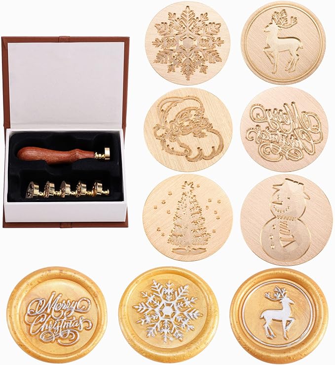 Yoption 6 Pcs Wax Seal Stamp Set, Christmas Sealing Wax Stamps Kit, Wooden Handle with Brass Head for Christmas Greeting Cards Gift
