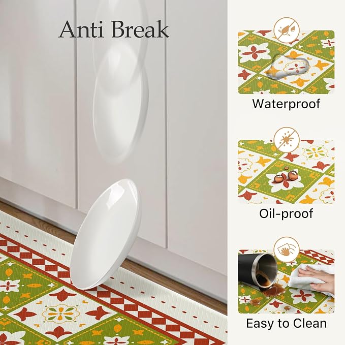 GENIMO Anti Fatigue Kitchen Mats for Floor, Cushioned Non Slip Kitchen Rug, Waterproof Kitchen Floor Mat Runner, Kitchen Mat for Laundry, Sink, Office, Entryway, 20"x48"+20"x32", Green