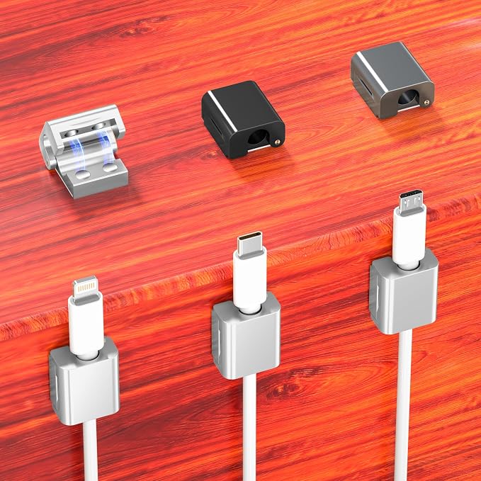 AGVEE 4 Pack Cord Organizer Clips Cable Management Holder, Aluminum | 10mm Ultra-Thin, 6X Powerful Magnetic Closure Snap Keeper for Home Desk Office Gadgets Accessories, Residue-Free Tape