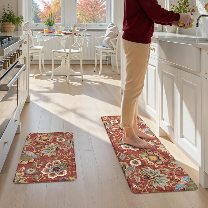LEEVAN Anti Fatigue Kitchen Mats for Floor, Cushioned Kitchen Mat Set 2PCS | 17.3"x29"+17.3"x47", Boho Floral Coral Red Kitchen Rugs Non-Slip, Waterproof Ergonomic Standing Mat for Laundry, Office, Sink