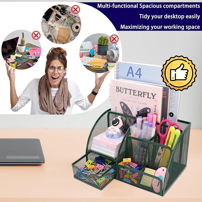 Boutilon Mesh Desk Organizer Desktop Office Supplies Stationary Organizer with 6 Compartments and 1 Drawer Multi-Functional Caddy Pen Holder for Home Office School Desk Decor(Dark Green)