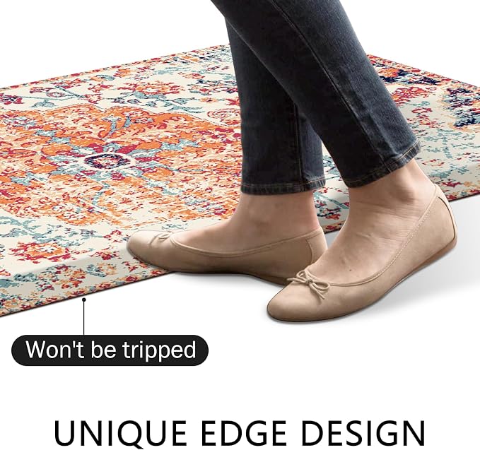 MAYHMYO Boho Kitchen Mat Anti Fatigue Ethnic Kitchen Cushioned Floor Mat Orange Blue Kitchen Rugs Non Slip Cool Rugs for Kitchen Floor Office
