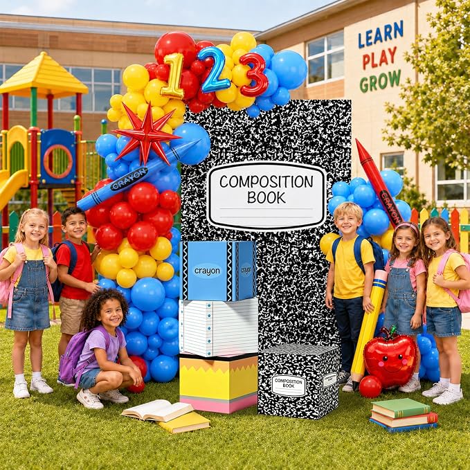 Back To School Decorations, Back to School Balloon Arch Kit with Composition Notebook Classroom Decor Backdrop Abc Boxes and Inflatable Pencils and Crayons for First Day of School Party Supplies