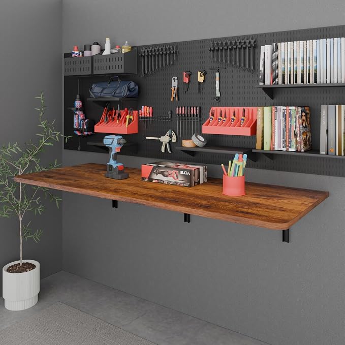 IAE 55" x 22" Floating Foldable Desk,Wall-Mounted Folding Computer Table with Engineered Wood,Study Table with Shelf Brackets,Fold Down Shelf,Fold Computer Desk for Small Spaces,Holds 500 lb,Rustic