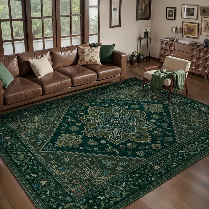 Tangsoo Dark Green 5x7 Area Rug Washable Rugs for Living Room, Vintage Rug Indoor Non Slip Large Area Rugs, Print Carpet, Soft Low Pile Foldable Floor Rug for Bedroom Dining Room Dorm