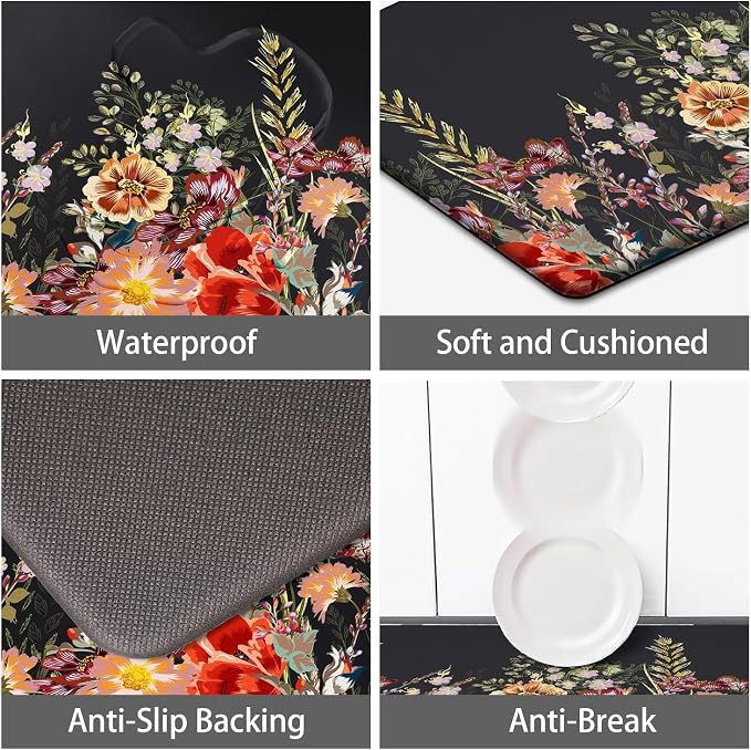 MAYHMYO Anti Fatigue Kitchen Mat Non Slip Waterproof Cushioned Floral Kitchen Rug for Standing Desk Sink Laundry