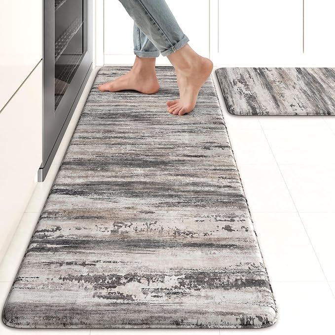 KIMODE Anti Fatigue Kitchen Mats for Floor 17"x47"+17"x29", Abstract Farmhouse Kitchen Rugs, Non Slip Waterproof Kitchen Floor Mats, Comfort Standing Mats for Laundry Office Sink Desk Black Grey