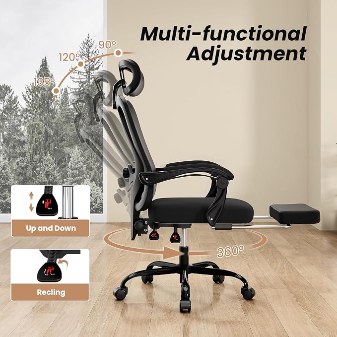 Farini Office Chair with Footrest, Ergonomic Mesh Office Chair with Headrest, High Back Desk Chair with Lumbar Support, Swivel Computer Chair for Home Office Study Room, Black and Black
