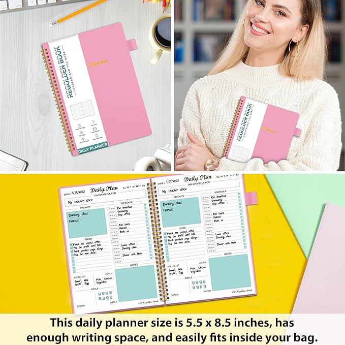 Daily Planner Undated, To Do List Notebook with Hourly Schedule Calendars Meal, Spiral Appointment Organizers Notebook for Man/Women, Pocket, Pen Loop, 160 Pages (5.5x8.5")