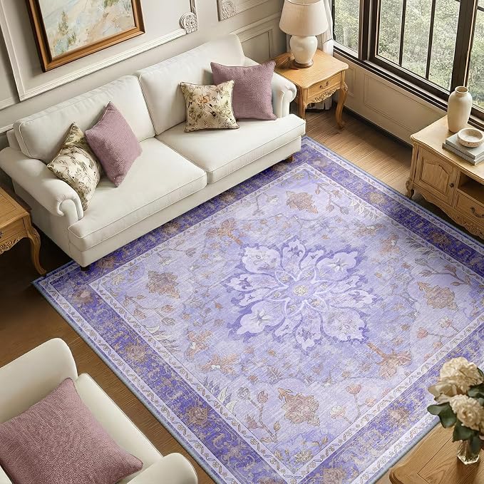 RELEANY Area Rugs Square 6ft Washable Non-Slip, Floral Vintage Distress Medallion Carpet for Living Room Bedroom Dining Room, Light Purple Brown