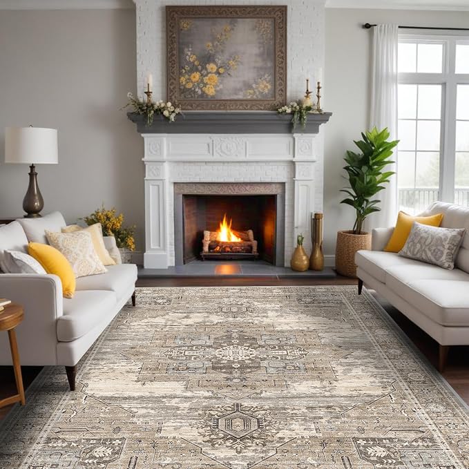RUUGME Washable 8x10 Area Rugs - Large Rugs for Living Room Stain Resistant Carpet Vintage Rugs for Bedroom with Non Slip Backing Home Decor Floor Decoration Mat (8x10 Beige)