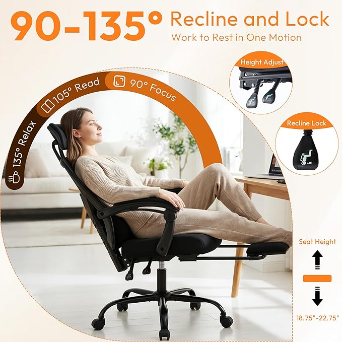 Desk Chair with Foot Rest, High-Back Mesh Office Chair with Wheels, Black | Reclining Gaming Chair with Headrest and Adjustable Lumbar Support, 90°-130° Reclining, for Home Office and Gaming