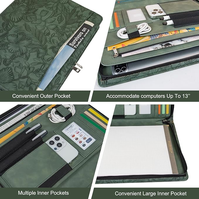 AZXCG Leather Portfolio with Zipper,Embossed PU Leather Padfolio Folio,Professional Business Document Organizer with A4 Letter Sized,Writing Pad Holder,Gifts for Women/Men (Dark Green, Custom)