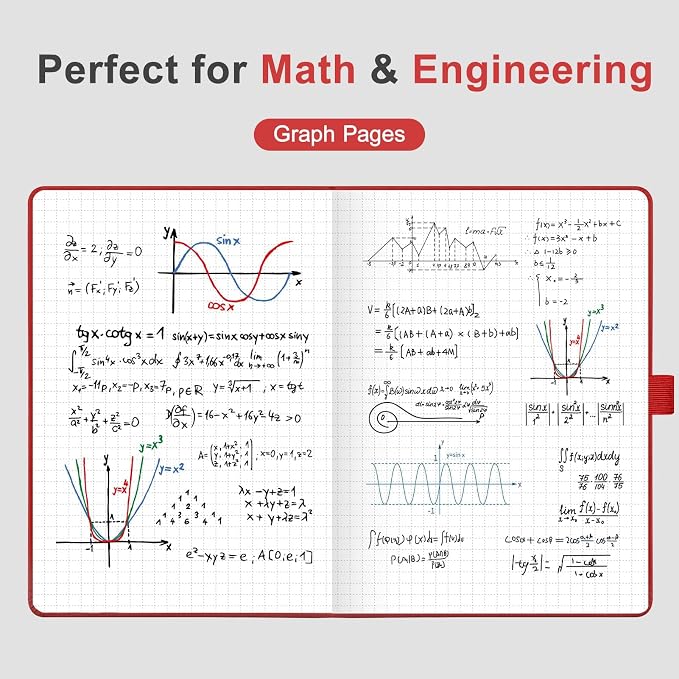 AHGXG Graph Grid Paper Notebook, 160 Pages, A5 Medium Size (5.7'' x 8.3''), 120 GSM Thick Paper, Leather Hardcover, for School, Students, Math, Engineering (Red)
