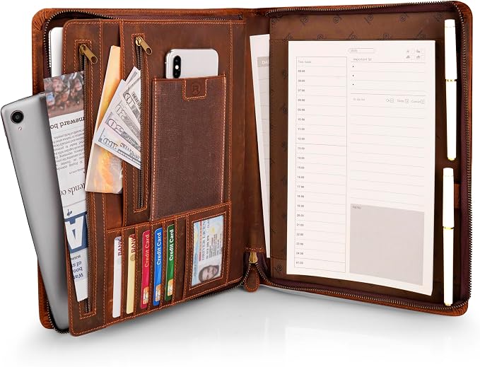 JinRuiKJ Leather Portfolio for Men, Business Portfolio Binder for A4/Pad, Leather Portfolio Folder Organizer with Notepad Holder, Card Slots, Pen Loop, 10 x 13 in, Professional Gift Set - Camel