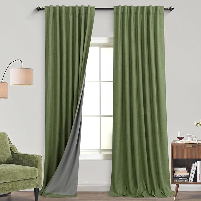 KOUFALL Olive Green Retro Mid Century Modern Curtains for Office,Boho Linen Blackout Curtains for Dining Room,Cortinas para Sala Elegantes