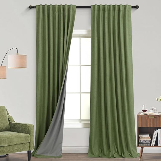 KOUFALL Olive Green Retro Mid Century Modern Curtains for Office,Boho Linen Blackout Curtains for Dining Room,Cortinas para Sala Elegantes
