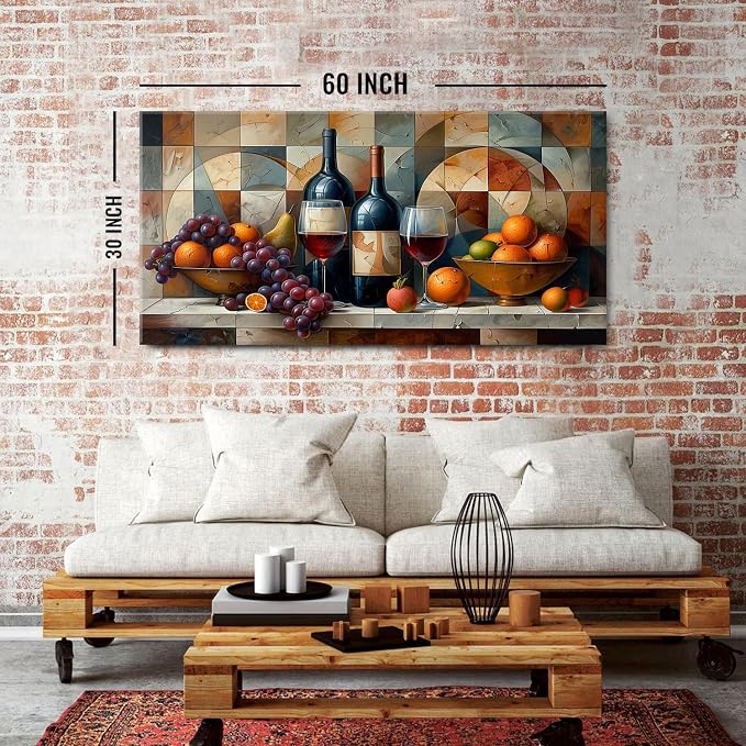 AIYISU Geometric Kitchen Wall Art Abstract Wine Canvas Prints Red Wine Glass and Fruit Pictures Rustic Farmhouse Still Life Painting Wine Bar Decor for Dining Room Restaurant Home Decorations 30x60