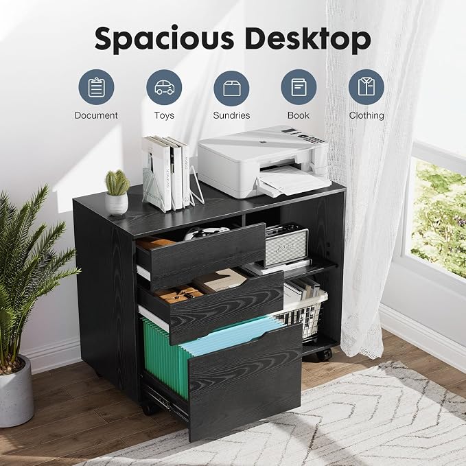 DUMOS File Cabinet with 3 Drawers, Wood Under Desk Storage Printer Stand | Rolling Lateral Filing Cabinet with Adjustable Shelves for Home Office Study Organization,Black