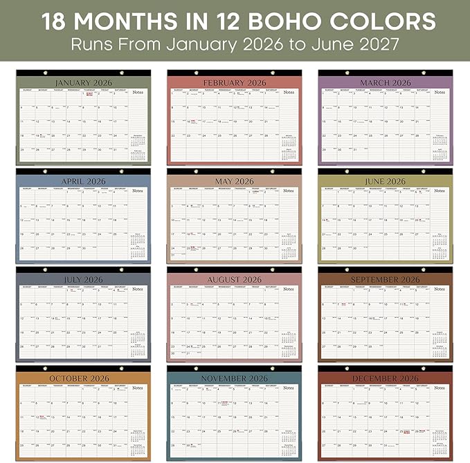 2026 Desk Calendar, 18-Month Calendar Runs from January 2026 to June 2027, 17" x 12" Desktop or Wall Calendar, Perfect Monthly Calendar Planner for Home, Office, or School - Boho Colors