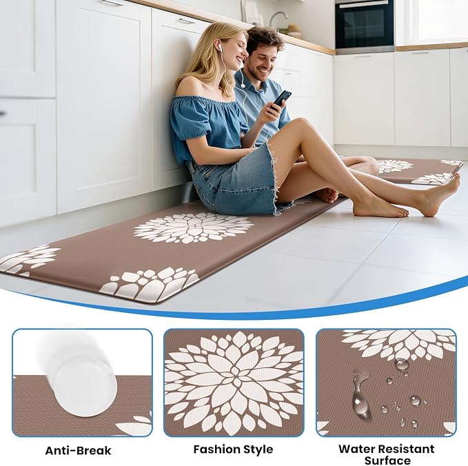 2PCS Kitchen Mats for Floor, Anti Fatigue Non-slip Larger Khaki Rug | Soft Kitchen Rugs for Home, Cushioned Standing Desk Mat, Comfort Mat for Office, Sink, Laundry, 17.3" x 59" + 17.3" x 30"