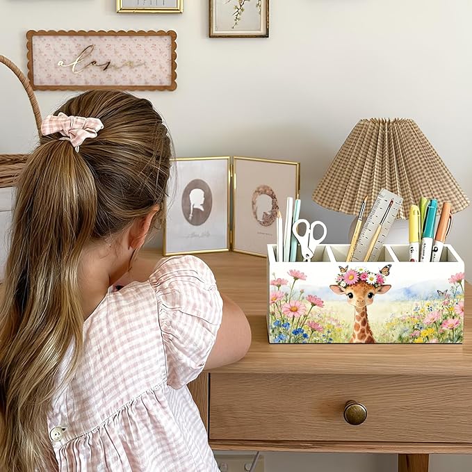 Giraffe Pen Pencil Holder for Desk Accessories, Giraffe Gifts for Women & Kids, Rustic Butterfly Flower Wild Animal Wooden Box Sign Decorations for Kids Room Home Office Desk Tabletop