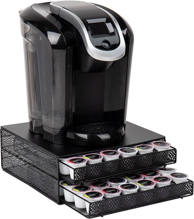 Mind Reader 2 Drawer Coffee Pod Organizer with Removable Dividers, 72 Pod Capacity, Metal Mesh Coffee Station Base with Guided Drawer Track, Black