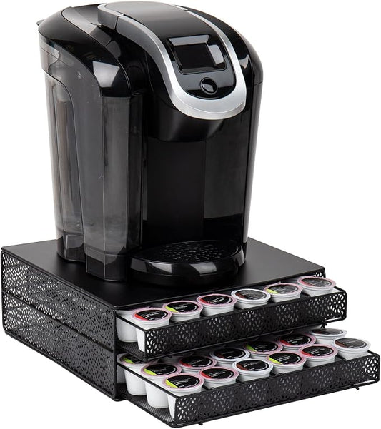 Mind Reader 2 Drawer Coffee Pod Organizer with Removable Dividers, 72 Pod Capacity, Metal Mesh Coffee Station Base with Guided Drawer Track, Black
