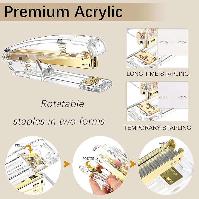 Gold Desk Accessories, Office Desk Organizers and Accessories 360°Pen Holder Acrylic Stapler Set, Phone Holder, Ballpoint Pen, Scissor, Binder Clips, Ruler, Transparent Glue, Sticky Note and Staples.