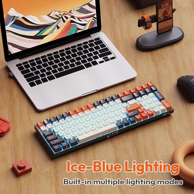 RK ROYAL KLUDGE RK100 Wireless Mechanical Keyboard RGB Backlit Bluetooth5.1/2.4G/Wired 96% Full Size 100-Key Hot Swappable Gaming Keyboard Blue Switch Carbon