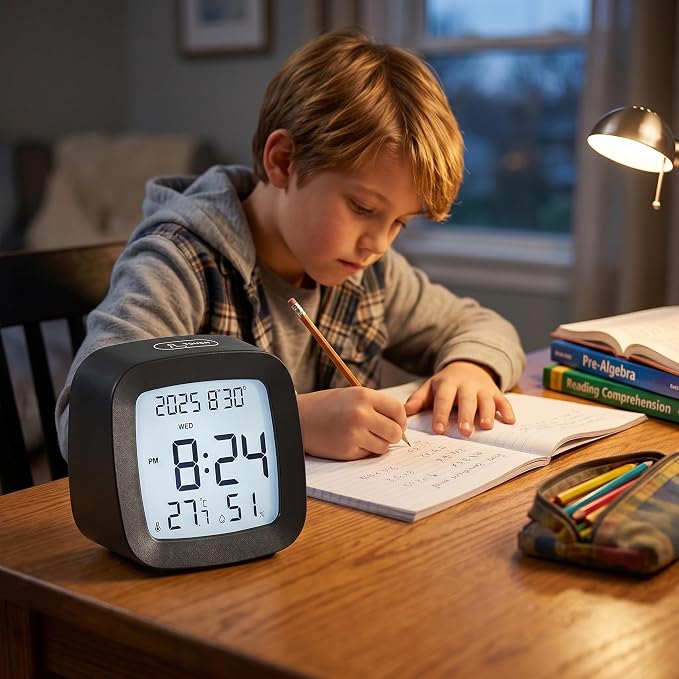 Digital Alarm Clock with Backlight, Snooze, Temp & Humidity Display,Black | Time, Date & Weekday Temperature & Humidity Touch Backlight 5-Minute Snooze,Battery Operation Long Battery Life