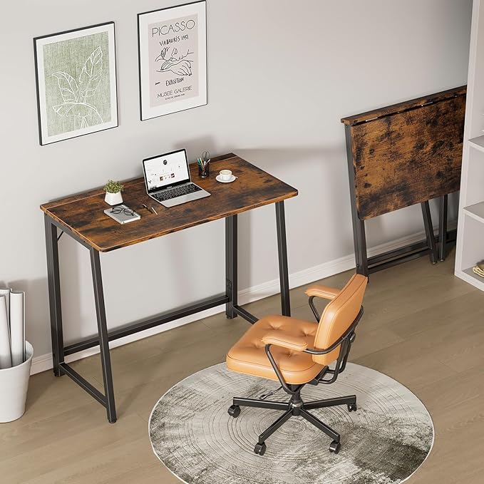 DUMOS 31.5 Inch Folding Desk, Foldable Computer Table for Small Spaces, Metal Frame Gaming Writing Work Station, Mini Home Office Surface, Rustic Brown