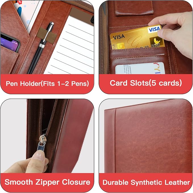 Zippered Padfolio Organizer, WRIYES Leather Planner Binder, 10.2 Inch Portfolio Folder for Documents, Letter Size Business Card Holder for Men&Women (Brown)
