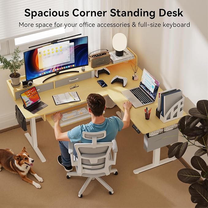 WALKINGDESK 63 Inches L Shaped Standing Desk with Keyboard Tray and 2 Drawers, L Shaped Electric Standing Desk, Adjustable L Shaped Office Desk,Corner Standing Desk for Home Office, Oak