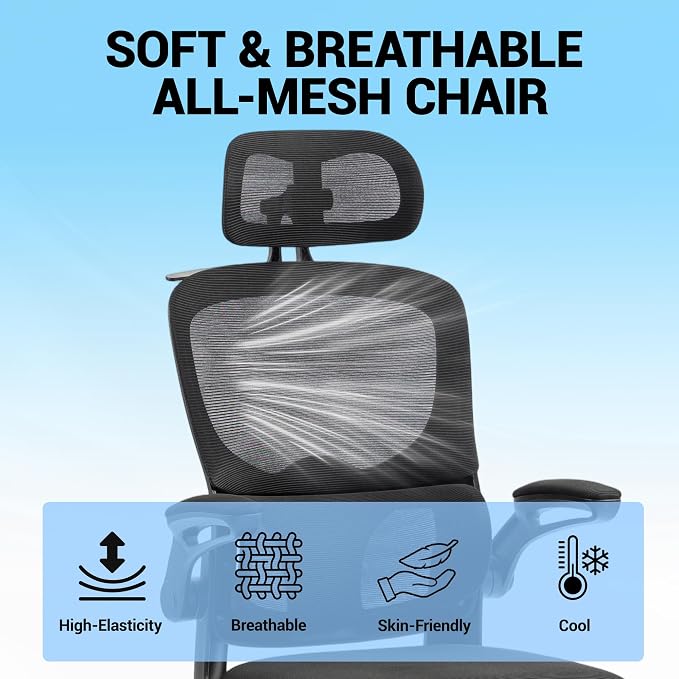 Ergonomic Office Chair with Flip-up Arms, Black | Home Desk Chair w/ Coat Hook, Adjustable Headrest and Lumber Support, Mesh Computer Gaming Chair, 330 LBS